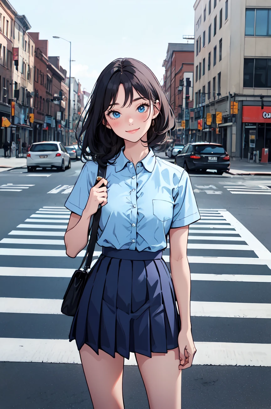 masterpiece, best quality,1girl,smile,crosswalk,collared_shirt and flared_skirt as material3,blue theme,fisheyes view