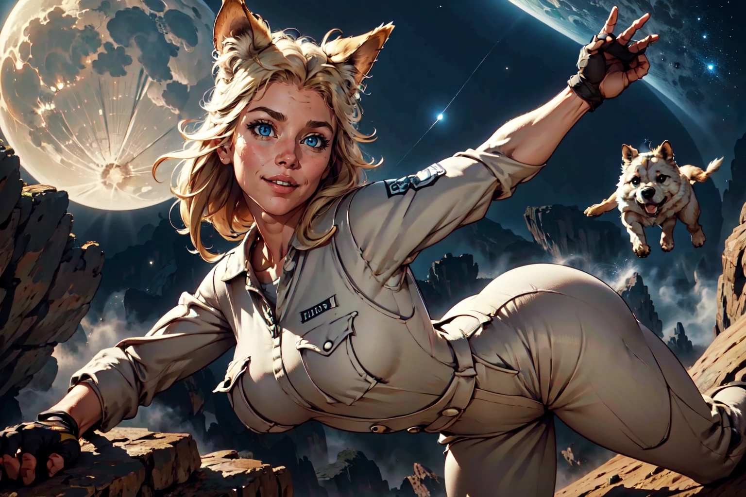 beautiful eyes, beautiful girl, high detail skin, high detail eyes, high detail hair, highres, ultra detailed, sharpen picture, Highly detailed, masterpiece, best quality, photorealistic, 
<lora:BarfaLora:0.8>1girl, long hair, fingerless gloves, animal ear fluff, dog ears, overalls, name tag , a woman jumping from a planet, floating in the air, at night, planets and space)).