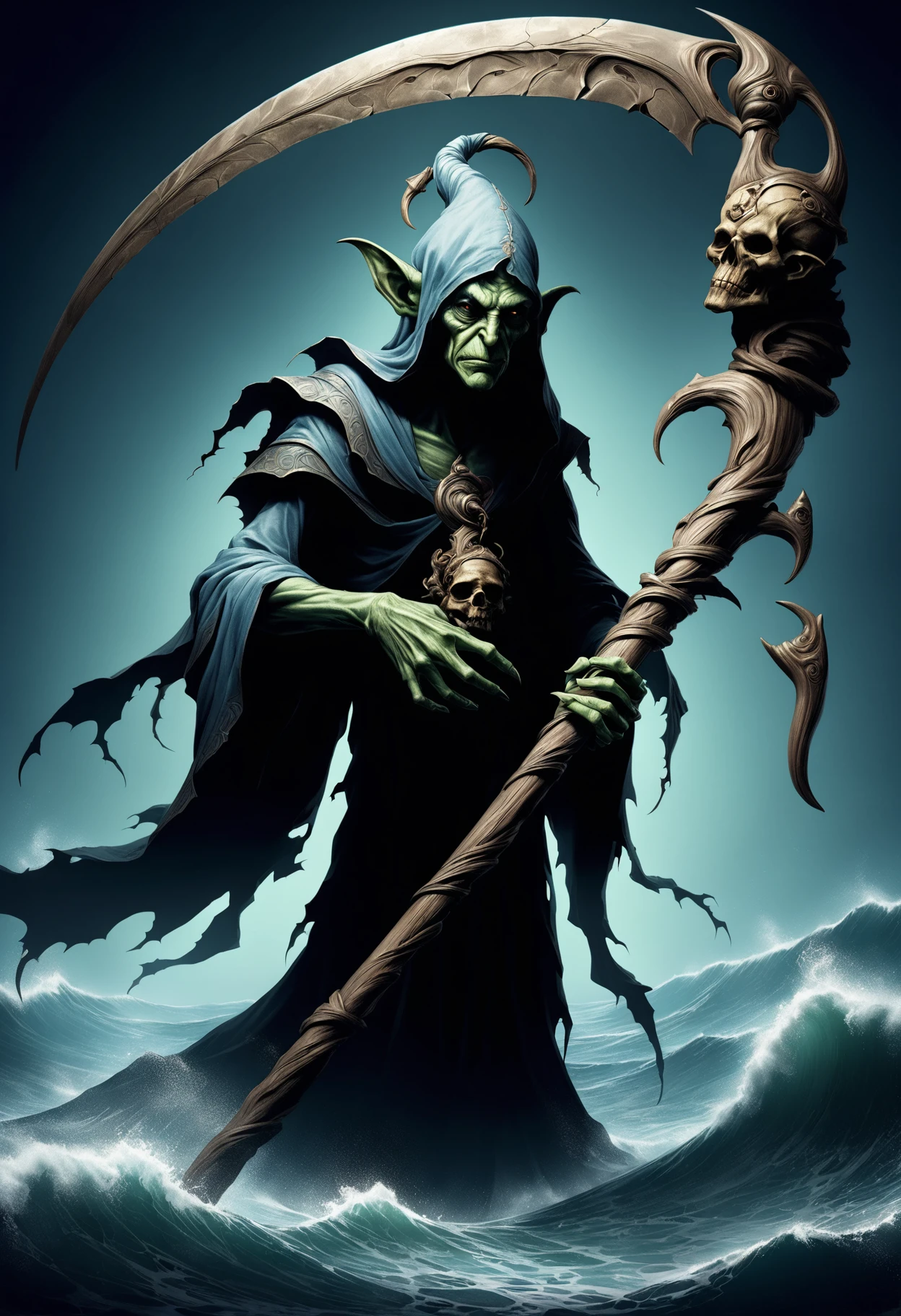 goblin, Sea deity from Greek mythology, mortal turned into an immortal, prophetic powers, association with the sea, depicted as a wise and benevolent, guardian of sailors, preposterous holding a DonM5cy7h3XL scythe, single blade <lora:DonM5cy7h3XL-v1.1-000006:0.8>