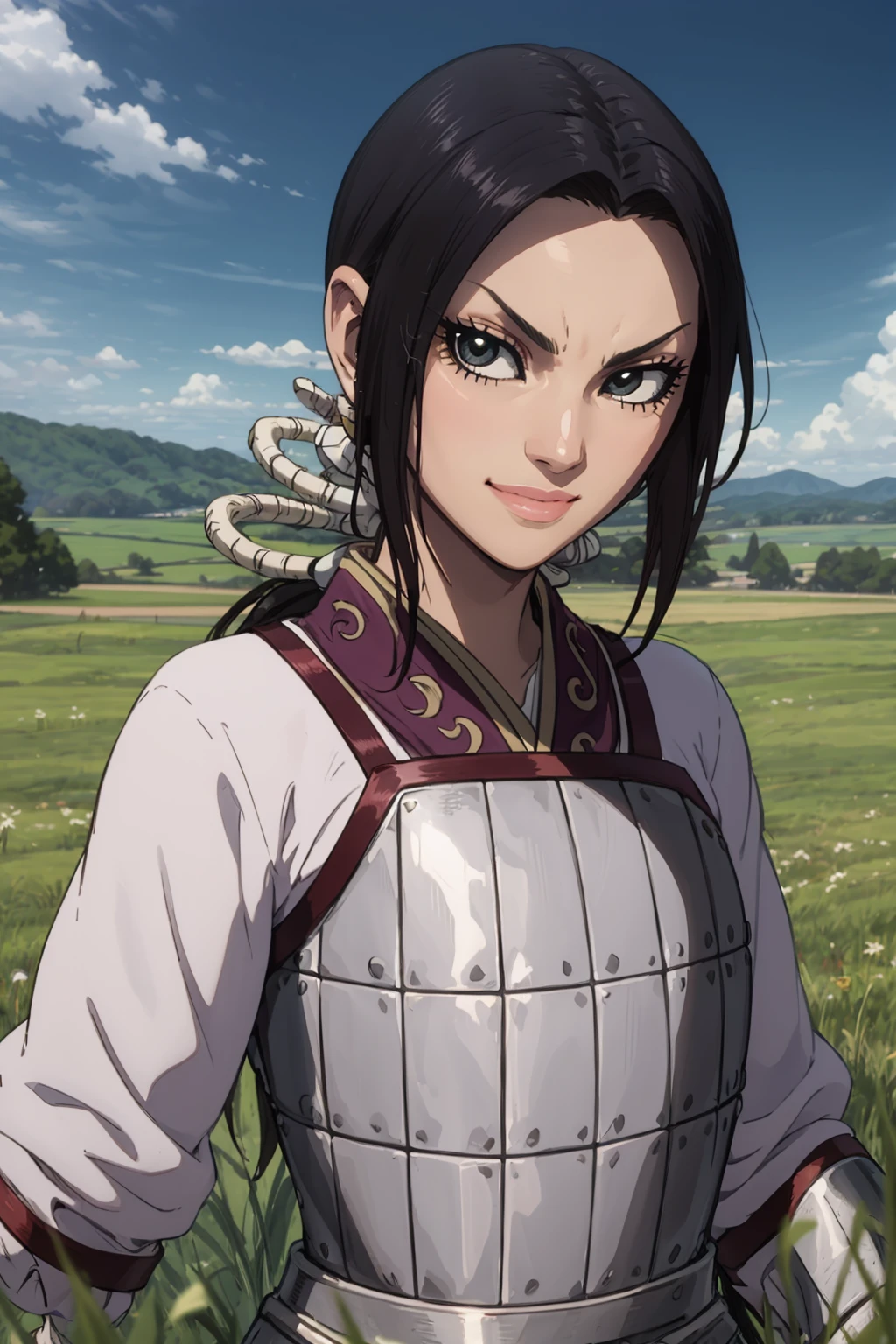 masterpiece, best quality,
1girl, kaine, black hair, low ponytail, black eyes, long sleeves, armor,
smile, looking at viewer, solo, upper body, grass, blue sky, meadowbackground <lora:Kaine:1>