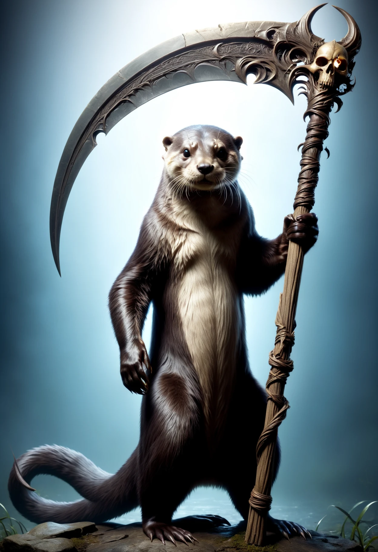 porcupine holding a DonM5cy7h3XL scythe, single blade <lora:DonM5cy7h3XL-v1.1-000006:0.8>