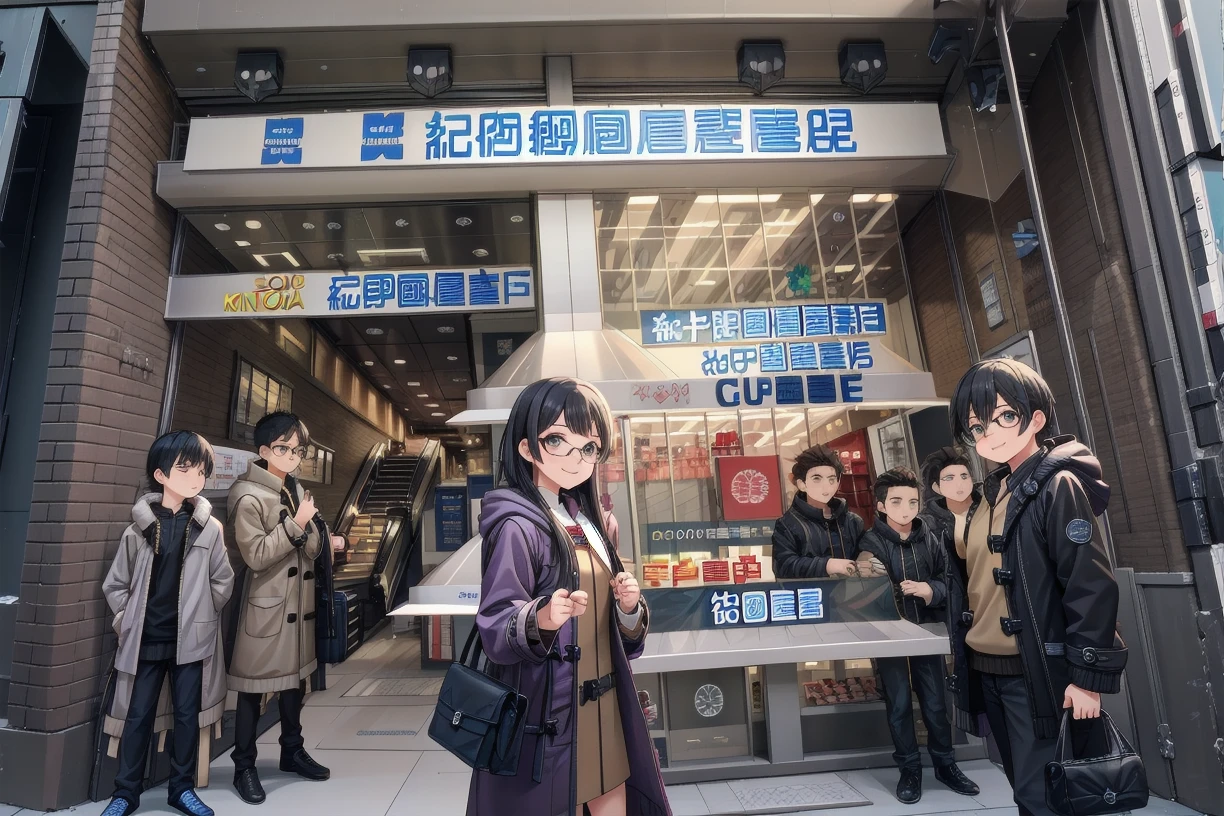 best quality, ultra high res,
1girl, solo, glasses, black hair, long hair, duffle coat, black bag, smile, looking at viewer, solo focus,
kinokuniya, storefront, scenery, sign, multiple boys, real world location, 6+boys, shop, city, storefront, building, chinese text, multiple girls, outdoors
<lora:kinokuniya_shinjuku_SD15_V2:0.8>