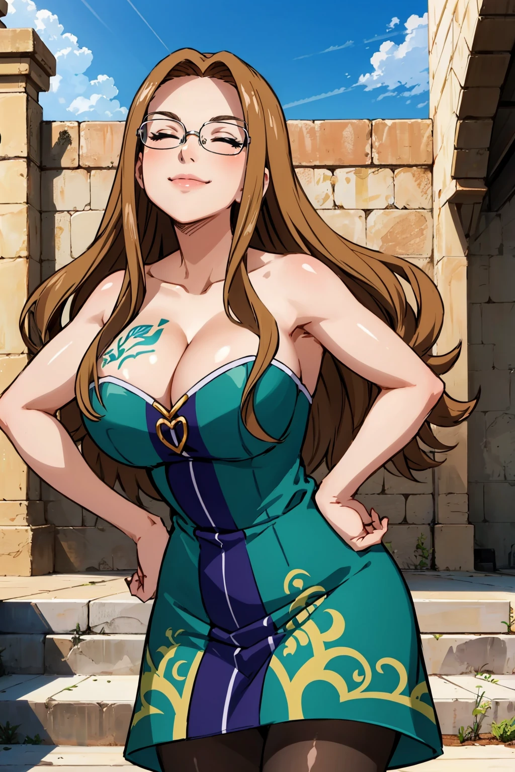 masterpiece, best quality, <lora:ftevergreen-nvwls-v1-000010:0.8> ftEver, glasses, purple and green dress, strapless dress, cleavage, (huge breasts:0.8), short dress, pantyhose, hands on hips, looking up, smile, closed eyes, smug, blue sky, breast tattoo