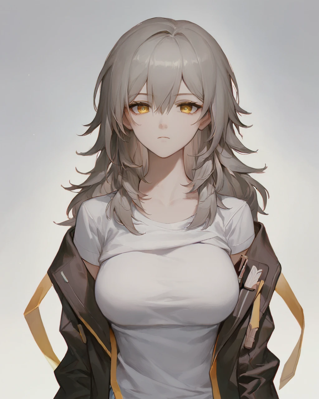 score_9, score_8_up, score_7_up, score_6_up ,<lora:firefly_pony:1>,11girl, absurdres, arms_up, black_gloves, black_jacket, breasts, commentary_request, gloves, grey_hair, highres, honkai:_star_rail, honkai_\(series\), jacket, kami_otona, large_breasts, long_hair, long_sleeves, looking_at_viewer, open_clothes, open_jacket, shirt, solo, stelle_\(honkai:_star_rail\), trailblazer_\(honkai:_star_rail\), upper_body, white_shirt, yellow_eyes