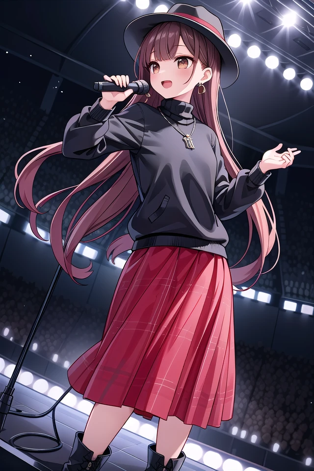 insanely detailed, absurdres, ultra-highres, ultra-detailed, best quality,
1girl, solo, nice hands, perfect hands
BREAK
(black theme:1.4), (fit body:1.3), (tight long sleeve and turtleneck (black sweater):1.4), (black heeled boots with lace-up:1.1),
BREAK
(black and red theme:1.3), ((red) high-waisted ((maxi length skirt, very long A line skirt):1.2) with [plaid pattern]:1.4), ((black) bucket hat with wide brim:1.4),
BREAK
((earrings, necklace):1.2),
(cleavage:-1.5), (naked skin:-1), (mini skirt:-1), (legs:-1), (straw hat:-1), (red hat:-1), (green hat:-1), (white sweater:-1), (slit:-1), (belt:-1), (multiple necklaces:-1), (navel:-1), (waist:-1)
BREAK
happy smile, laugh, open mouth, (standing, singing, dancing, holding microphone:1.4),
45 angle,
cute pose, cowboy shot
BREAK
slender, kawaii, perfect symmetrical face, ultra cute girl, ultra cute face, ultra detailed eyes, ultra detailed hair, ultra cute, ultra beautiful
BREAK
indoors, concert hall, idol live, crowded audience
BREAK
medium large breasts,
(brown hair, brown eyes), hime cut
