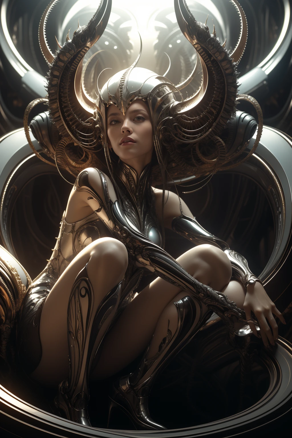 (masterpiece1.2),(best quality:1.2),(raw photo),ptp girl, solo,robot woman by cybernetic ludum dare,jumping,legs,boots,(light smile:0.85),looks at viewer,face to viewer,in the style of sci-fi baroque, (rococo_style headgear), translucent thin tubes linked with helmet,white,copper_color, glowing light,8k resolution, machine aesthetics, intricate detail, hyper-realistic sci-fi, futuristic organic,(high key lighting),the bodysuit composed of  various translucent mechanical parts, H.R. Giger aesthetic,cyberpunk aesthetic. baroque xenomorph,dust in light,foggy,bokeh,kodak film,kodak portra 400,natural skin, true skin texture,  <lora:rococo xenomorph:0.5>