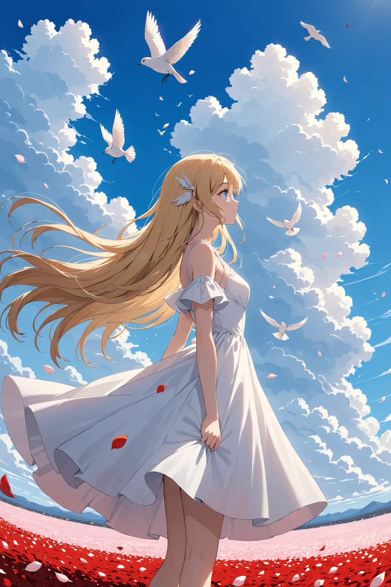 1girl, solo, masterpiece, best quality, outdoors, bird, blonde hair, blue eyes, blue sky, cloud, cloudy sky, day, dress, floating, floating object, from side, long hair, looking to the side, petals, sky, standing, white dress