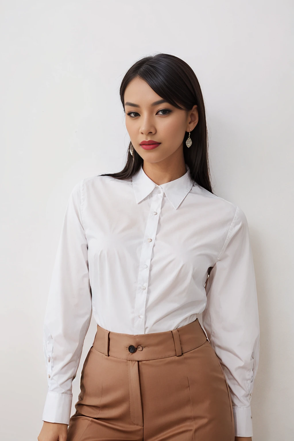 crisp white collared shirt, with black cotton_lpskirt, high_waist_lpskirt, , tall, lean, triangular face, tan skin, black hair, brown eyes, long nose, thick lips, round chin, shoulder-length hair, straight hair, soft breaseader earrings, stain lipstick, hands on hips, <lora:collaredShirt-000020:0.75>, <lora:v1:0.7>, photographed on a Fujifilm GFX 100, 80mm F/1.7 prime lens, cinematic film still, cinestill 500T, highly detailed, masterpiece, highest quality, intricately detailed, HDR, 8k, uhd, photorealistic