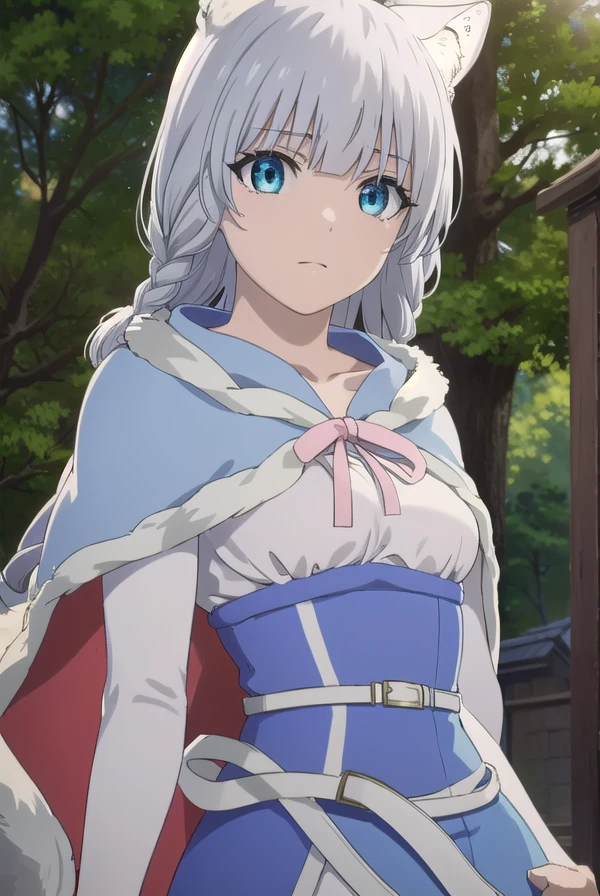 kemonoshigure, <lora:kemono shigure s1-lora-nochekaiser:1>,
shigure, long hair, blue eyes, animal ears, braid, grey hair, animal ear fluff, wolf ears, wolf tail, wolf girl, tail,
BREAK skirt, cape, blue skirt, capelet, skirt, thighhighs, white thighhighs,
BREAK outdoors, forest,
BREAK looking at viewer, (cowboy shot:1.5), dynamic pose,
BREAK <lyco:GoodHands-beta2:1>, (masterpiece:1.2), best quality, high resolution, unity 8k wallpaper, (illustration:0.8), (beautiful detailed eyes:1.6), extremely detailed face, perfect lighting, extremely detailed CG, (perfect hands, perfect anatomy),