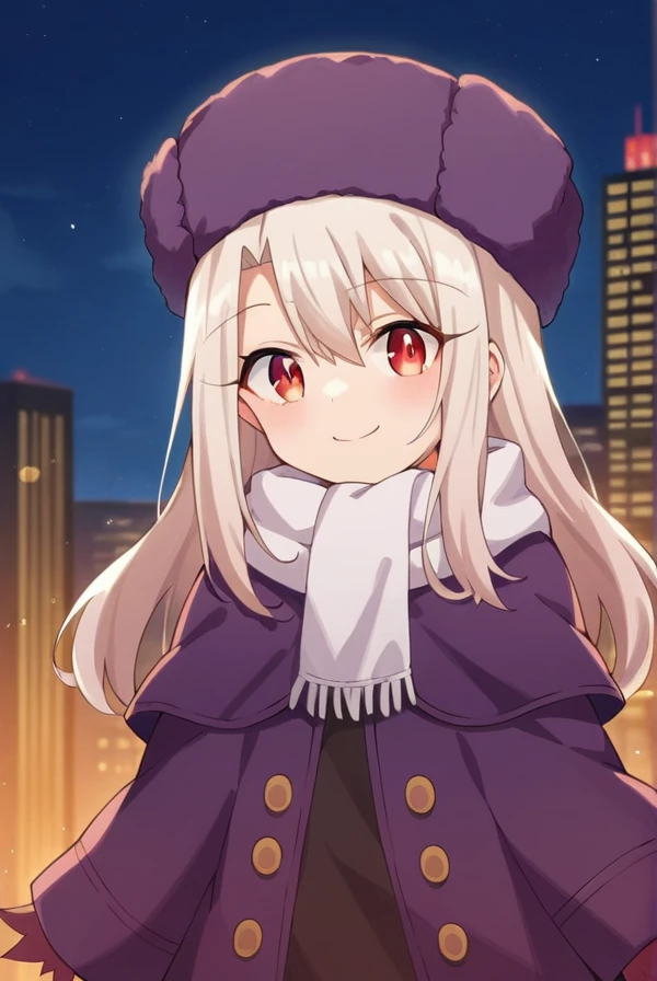 score_9, score_8_up, source_anime, 1girl, illyasvielvoneinzbern, illyasviel von einzbern, long hair, red eyes, white hair, hat, boots, scarf, coat, capelet, white scarf, purple headwear, fur hat, papakha, looking at viewer, smile, cityscape, blue sky <lora:illyasviel_von_einzbern-sdxl-nochekaiser-000008:1>