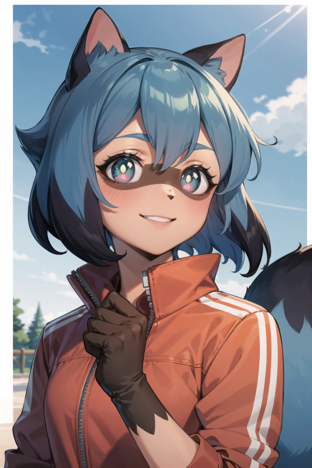 1 girl, raccoon girl, solo, furry,furry female, michiru_kagemori, blue hair,short hair, multicolored eyes, blue and pink eyes, yellow pupils, animal nose,triangle shaped nose, animal ears, (tail), [bushy tail], two tone skin, brown colored hands, (masterpiece, highest quality, 16k, high quality, best quality:1.3, highres, detailed eyes),good quality,looking at viewer, outside,red jacket, white shirt, dolphin shorts, smiling <lora:MichiruV2:0.95>  <lora:add_detail:0.3>