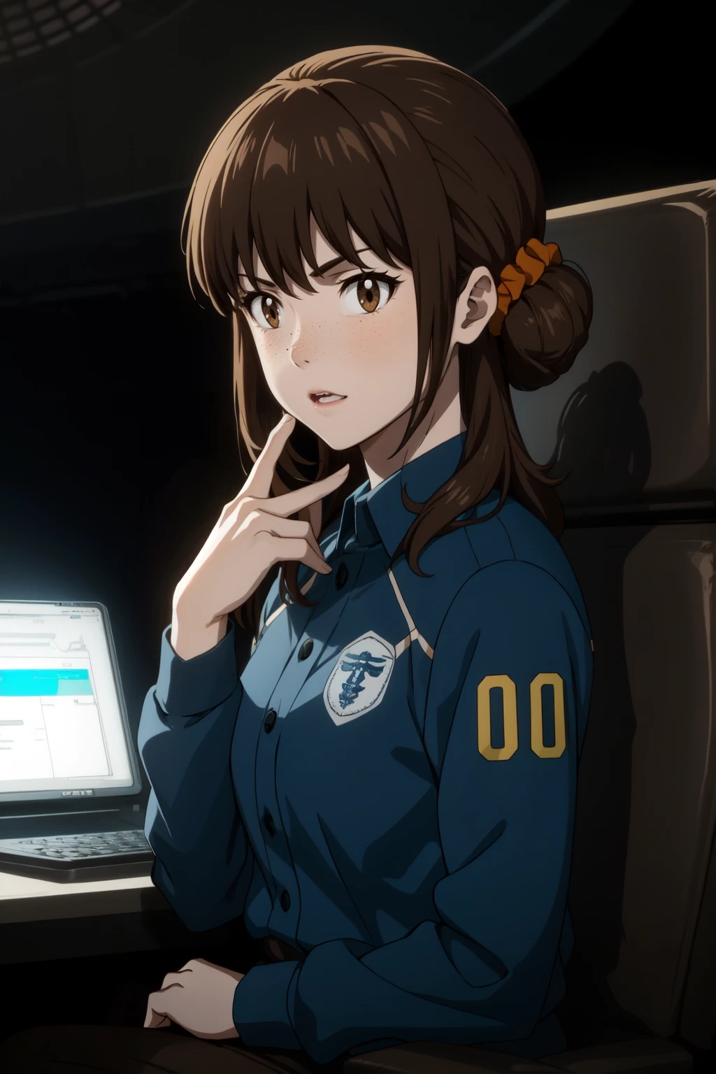 masterpiece, best quality, absurdres, 1girl, Mika <lora:Shimotsuki_Mika:0.7>, (brown eyes:1.2), brown hair, freckles, single hair bun, hair Scrunchie,, Inspector Uniform, jacket, blue jacket, shirt, police uniform,  pencil skirt, pantyhose,
BREAK nice hands, perfect hands <lora:GoodHands-beta2:0.8>, beaufitul hand, beautiful finger, Planetariums, (perfect anatomy),  [Cinematic lighting|Volumetric Lighting], portrait, face focus