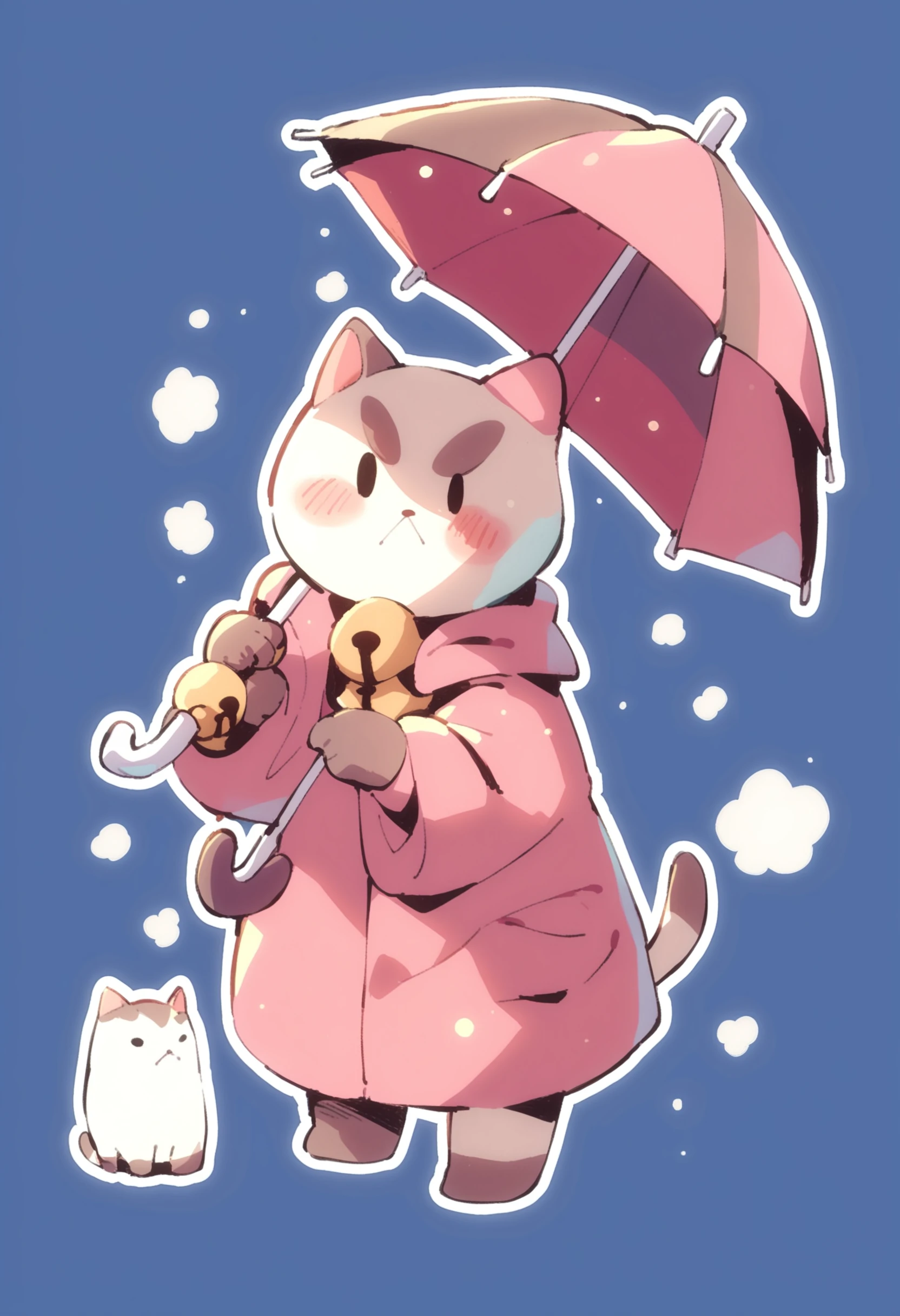 Puppycat, solo, blush, holding, standing, tail, full body, cat tail, no humans, bell, animal, umbrella, cat, jingle bell, :<, neck bell, outline, holding umbrella, animal focus, score_9_up, score_8_up, score_7_up, score_6_up, source_anime , <lora:puppycat_ponyxl:1>