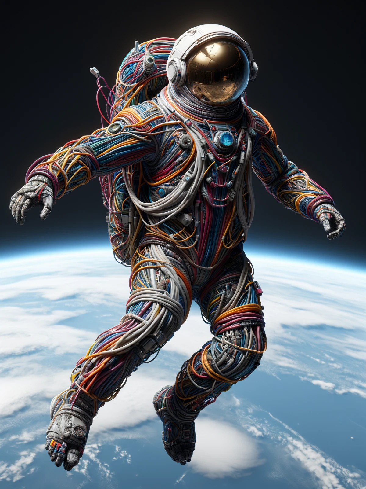 astronaut made of mad-cables floating in orbit of earth, dynamic pose, fullbody  <lora:Cables_SDXL:1>, (masterpiece:1.2), best quality, (hyperdetailed, highest detailed:1.2), high resolution textures