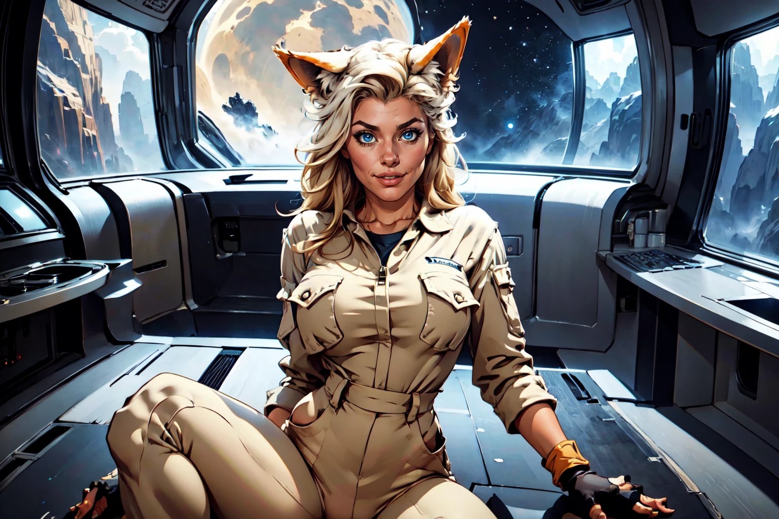 beautiful eyes, beautiful girl, high detail skin, high detail eyes, high detail hair, highres, ultra detailed, sharpen picture, Highly detailed, masterpiece, best quality, photorealistic, 
<lora:BarfaLora:0.8>1girl, long hair, fingerless gloves, animal ear fluff, dog ears, overalls, name tag , a woman sitting in a spaceship. big window, planets and space outside