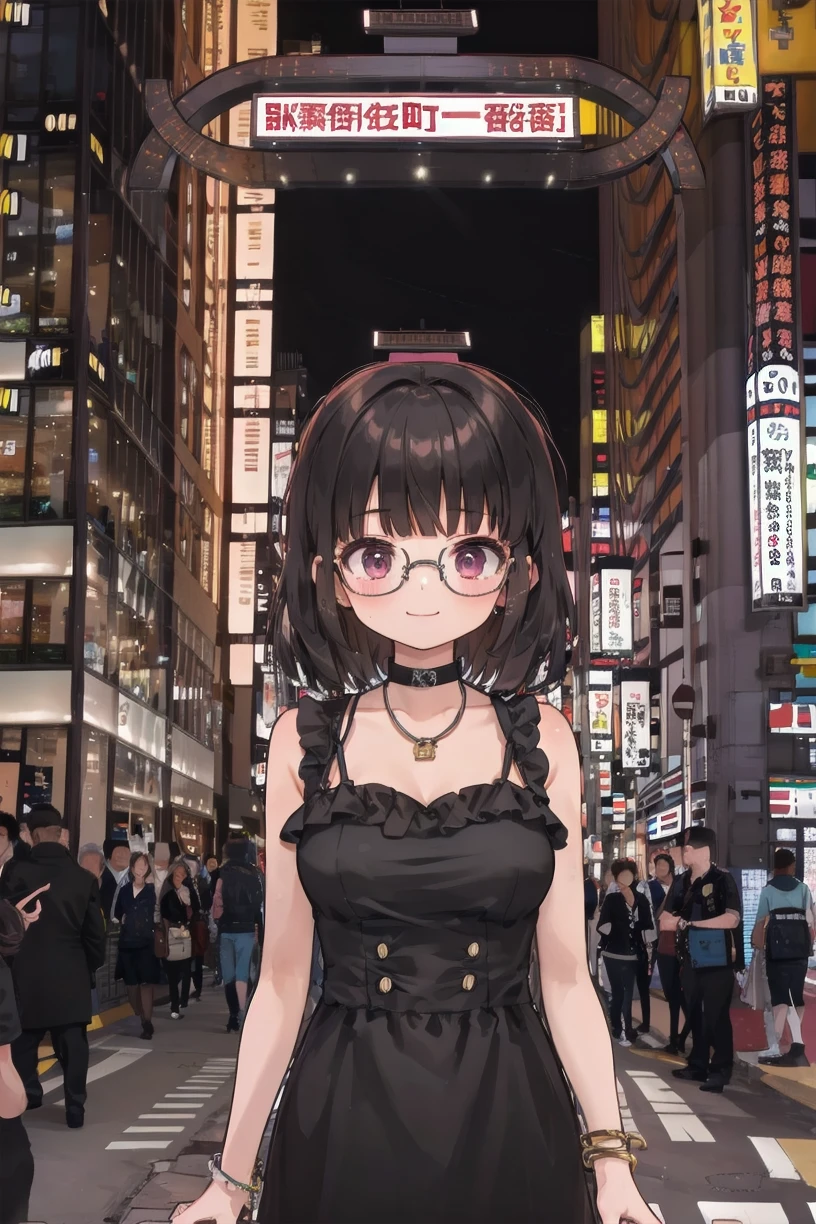 best quality, ultra high res,
1girl, solo, glasses, jewelry, long hair, necklace, smile, black hair, looking at viewer, black dress, dress, bracelet, choker, solo focus, upper body, looking at viewer, 
kabukicho1, road, scenery, city, street, crosswalk, sign, outdoors, 6+boys, building, multiple boys, sky, lamppost, night, cityscape, vanishing point, chinese text, pavement, crowd, cityscape, city lights, skyscraper,
<lora:kabukicho1_SD15_V2:1>