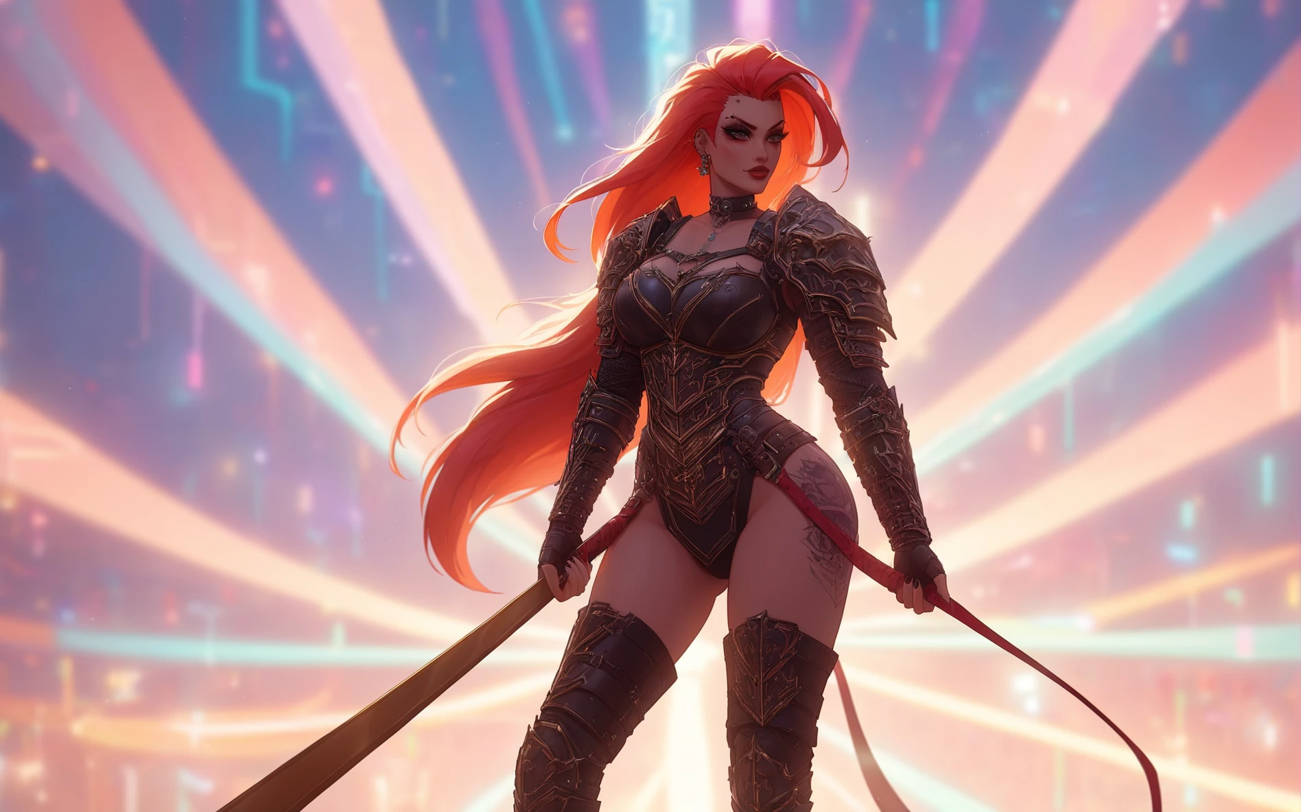 score_9,  01DA,  holding long handle great sword one hand, gold,  high contrast, hard shadows,  cinematic lighting,  [:large breasts:0.3], [:gothic:0.4], punk hair, long hair, [:wide hips:0.3],   thigh boots, 
woman, armor, 
 <lora:detailarmor:0@0,0.5@0.25,1@0.5,0.5@0.75>
