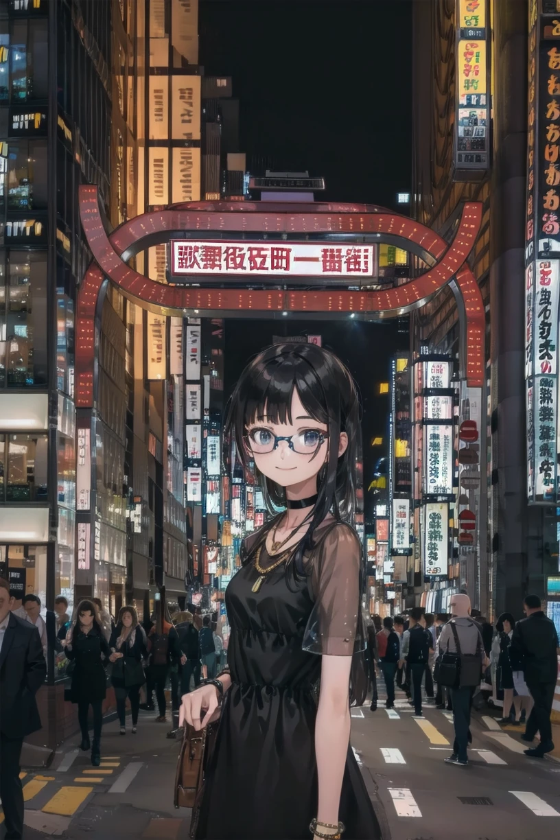 best quality, ultra high res,
1girl, solo, glasses, jewelry, long hair, necklace, smile, black hair, black dress, dress, bracelet, choker, solo focus, upper body, looking at viewer, 
kabukicho1, road, scenery, city, street, crosswalk, sign, outdoors, 6+boys, building, multiple boys, sky, lamppost, night, cityscape, vanishing point, chinese text, pavement, crowd, cityscape, city lights, skyscraper,
<lora:kabukicho1_SD15_V2:1>