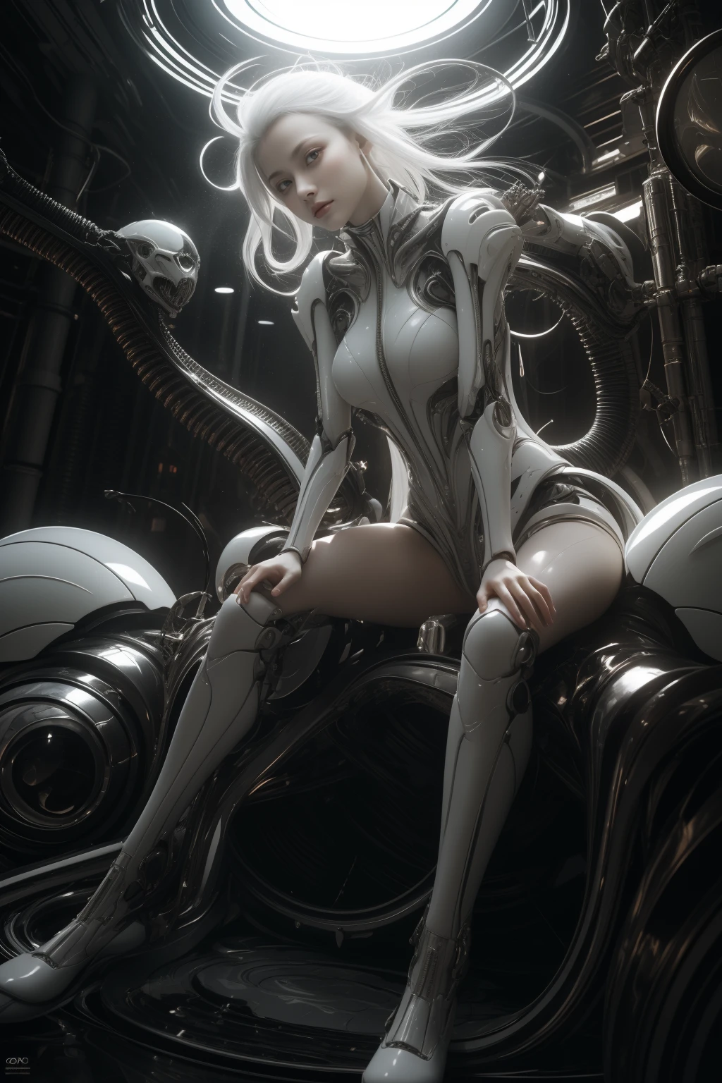 (masterpiece1.2),(best quality:1.2),(raw photo),ptp girl, solo,(upper body),robot woman by cybernetic ludum dare, (light smile:0.7),looks at viewer,face to viewer,in the style of sci-fi baroque, dark white, 8k resolution, machine aesthetics, intricate detail, hyper-realistic sci-fi, futuristic organic,(high key lighting),the bodysuit composed of various translucent mechanical parts, cyberpunk aesthetic. baroque xenomorph,dust in light,foggy,bokeh,kodak film,kodak portra 400,natural skin, true skin texture,<lora:baroque xenomorph-000008:0.5>,