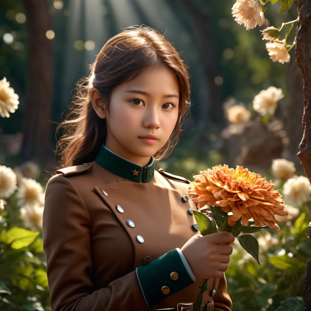 (masterpiece), (extremely intricate:1.2), (realistic), photo of a beautiful young girl, (brown tatenokai567:1.0), outdoors, intense sunlight,Japanese park, professional photograph of a stunning girl (holding flower),detailed, sharp focus, dramatic, award winning, cinematic lighting, octane render unreal engine,military, volumetrics dtx,,<lora:ShieldLoraXL-000009:1.1>