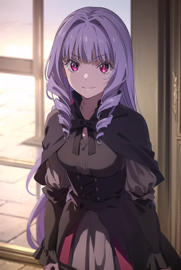joannajoannascoreadorianuljika, <lora:joanna joannascore adorian uljika s1-lora-nochekaiser:1>,
joanna joannascore adorian uljika, long hair, bangs, (red eyes:1.3), purple hair, hair intakes, drill hair, bangs, smile,
BREAK dress, ribbon, black dress, capelet, frills, long sleeves,
BREAK indoors, castle,
BREAK looking at viewer, (cowboy shot:1.5), dynamic pose,
BREAK <lyco:GoodHands-beta2:1>, (masterpiece:1.2), best quality, high resolution, unity 8k wallpaper, (illustration:0.8), (beautiful detailed eyes:1.6), extremely detailed face, perfect lighting, extremely detailed CG, (perfect hands, perfect anatomy),