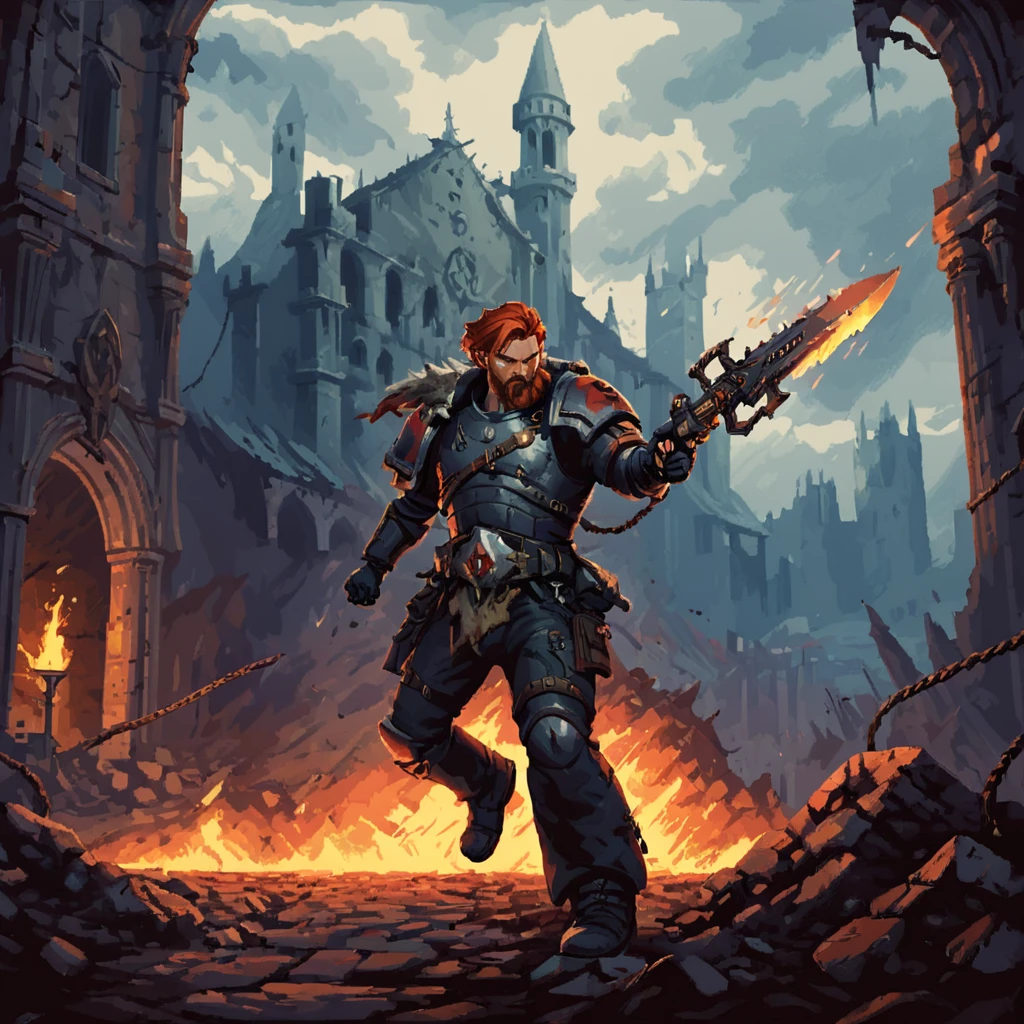 a solo spcwlf man swinging a chainsword, with a wolf, red hair, beard, braids, dramatic action pose, battlefield, city, ruins, cathedral, explosions, fire