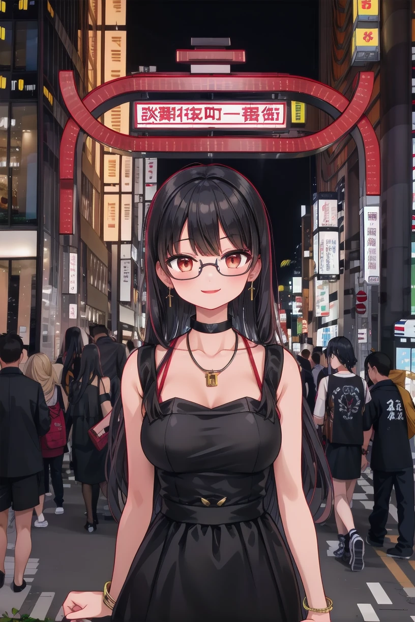 best quality, ultra high res,
1girl, solo, glasses, jewelry, long hair, necklace, smile, black hair, black dress, dress, bracelet, choker, solo focus, upper body, looking at viewer, 
kabukicho1, road, scenery, city, street, crosswalk, sign, outdoors, 6+boys, building, multiple boys, sky, lamppost, night, cityscape, vanishing point, chinese text, pavement, crowd, cityscape, city lights, skyscraper,
<lora:kabukicho1_SD15_V2:1>