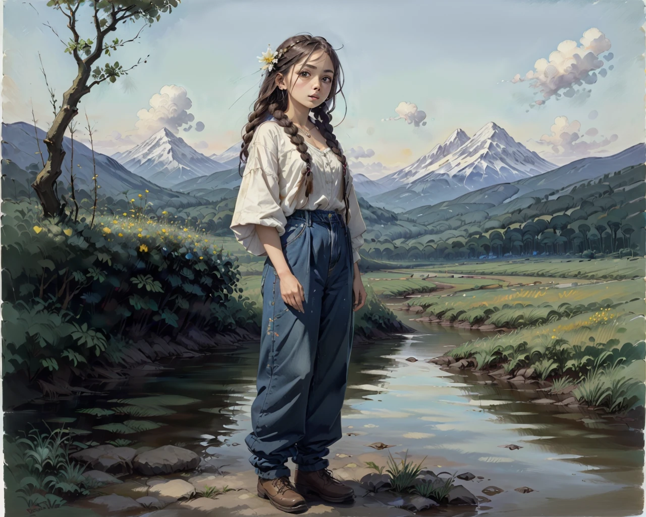 best quality,masterpiece,highly detailed,ultra-detailed, 
1girl, 
blue sky, braid, bush, day, dress, gouache, hair flower, jewelry, mountain,   outdoors, painting \(medium\), pants, scenery, signature, sky, standing, street, traditional media, water
<lora:neg4all_bdsqlsz_V3.5:-1>
 <lora:gouache:1>by  gouache \(medium\),