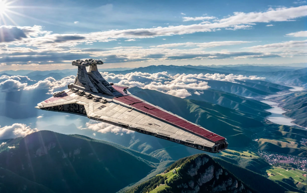 venator flying over mountains, clouds, smooth metallic surface on venator, realistic canon photograph, vignette and film grain, cinematic, warm sun lighting <lora:Venator v1.2:0.8> <lora:add-detail-xl:5>