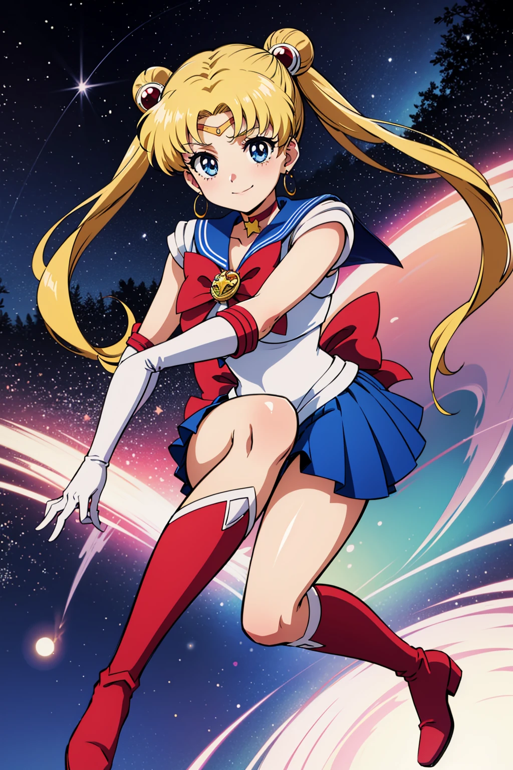 masterpiece, best quality, 1girl, solo, looking at viewer, anime screencap,1990s \(style\), (art by Naoko Takeuchi), <lora:EPsmSailorMoon-06:1>, EPsmSailorMoon, blonde hair, blue eyes, long hair, very long hair, twintails, hair bun, double bun, miniskirt, choker, bow, crescent earrings, starry sky, knee boots, red choker, white gloves, moon, red bow, sky, magical girl, elbow gloves, star (symbol), closed mouth, earrings, full body, back bow, jewelry, boots, star (sky), sailor senshi uniform, crescent, crescent moon, blue sailor collar, smile, gloves, sailor collar, blue skirt, red footwear, skirt, pleated skirt