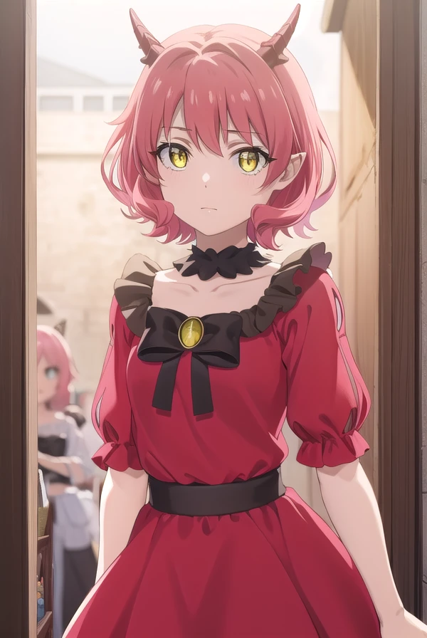 kemonohanako, <lora:kemono hanako s1-lora-nochekaiser:1>,
hanako, short hair, (yellow eyes:1.3), pink hair, horns,
BREAK dress, bow, tail, pantyhose, red dress, red footwear, bloomers, frills, collarbone, gemstone, juliet sleeves, puffy sleeves, choker,
BREAK outdoors, forest,
BREAK looking at viewer, (cowboy shot:1.5), dynamic pose,
BREAK <lyco:GoodHands-beta2:1>, (masterpiece:1.2), best quality, high resolution, unity 8k wallpaper, (illustration:0.8), (beautiful detailed eyes:1.6), extremely detailed face, perfect lighting, extremely detailed CG, (perfect hands, perfect anatomy),