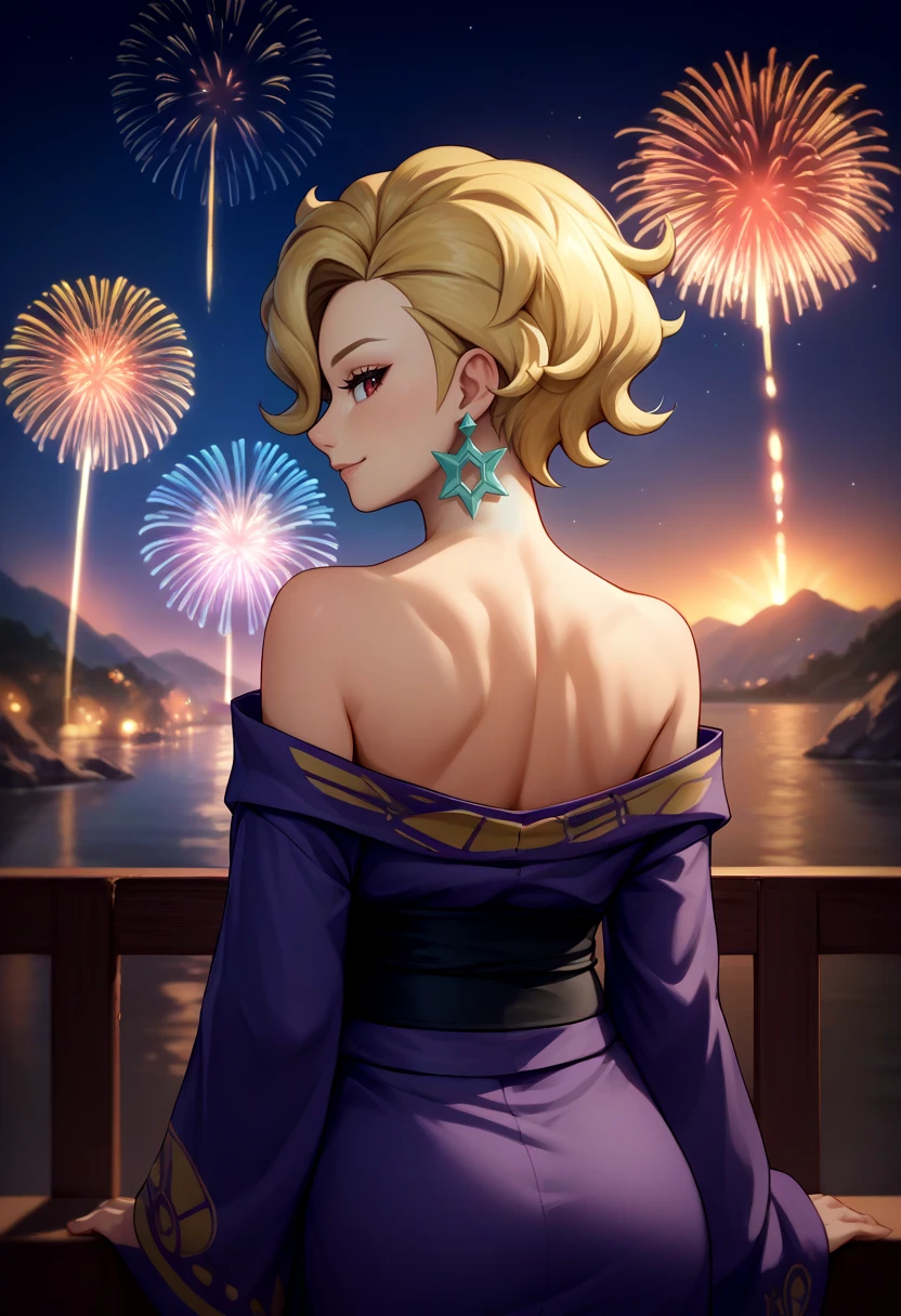 score_9, score_8_up, score_7_up, source_anime, from behind, solo, 1girl, pokemonbriar, slight smile, looking back, blonde hair, purple kimono, off shoulder, black sash, earrings, bare shoulders, fireworks <lora:pokemon_briar_ponyXL:1>