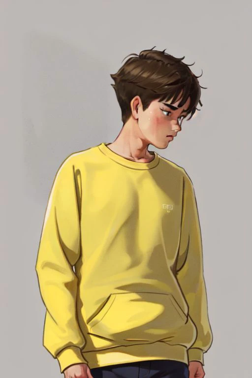 solo, 1boy, looking away, yellow sweatshirt, simple background <lora:Tsunoda_style_v01:1>