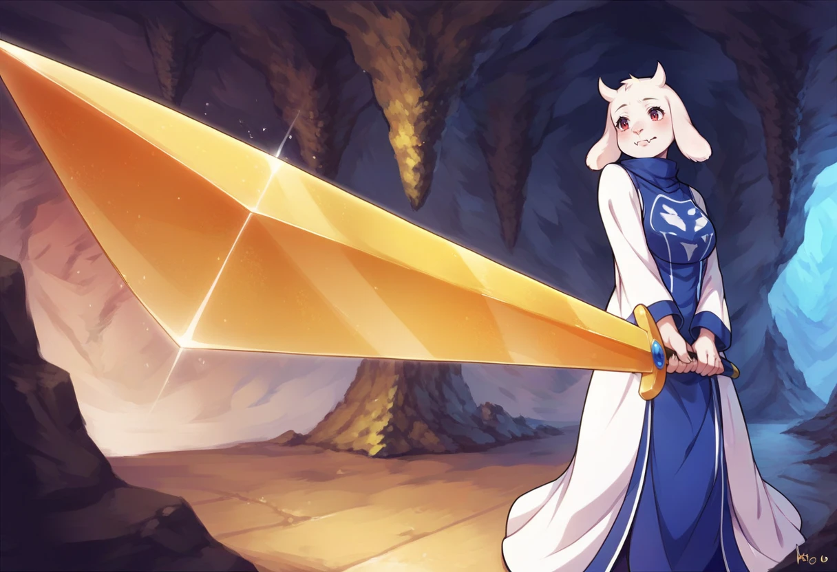 score_9, score_8_up, score_7_up, BREAK source_anime,masterpiece, top quality, best quality,
1girl, sunrise stance, holding, holding weapon,holding sword, standing , toriel from undertale, indoors, cave, <lora:pony-sunrise:0.9>