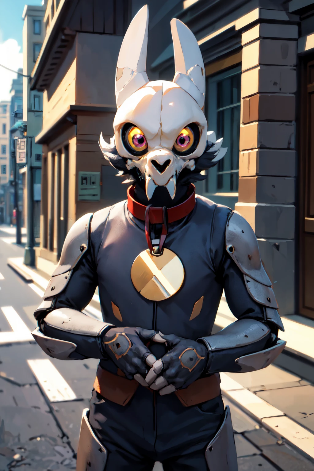 beautiful eyes, high detail skin, high detail eyes, high detail hair, highres, ultra detailed, sharpen picture, Highly detailed, masterpiece, best quality, photorealistic,
<lora:ClawthorneLoRA:0.8>1boy, skull helmet, teeth, pokemon (creature), colored sclera, red collar with circle pet tag, claws, tail, standing on a street, <lora:Sci-fi_style:0.8>solo, science fiction, glowing, armor, weapon, 1boy, upper body, holding, holding weapon, robot