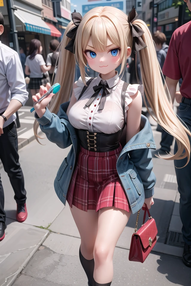 insanely detailed, absurdres, ultra-highres, ultra-detailed, best quality,
1girl, solo, nice hands, perfect hands,
BREAK
lanky,gothic dress,nylon clothes,denim dress,saddle jacket,red tartan-check pleated skirt
BREAK
(smirking, evil smile:1.2), closed mouth, (:3:1.3), v-shaped eyebrows, standing
BREAK
slender, kawaii, perfect symmetrical face, ultra cute girl, ultra cute face, ultra detailed eyes, ultra detailed hair, ultra cute, ultra beautiful,
BREAK
in harajuku, shibuya, tokyo, street, crowd, cityscape,
BREAK
medium large breasts,
blonde hair, blue eyes, twintails