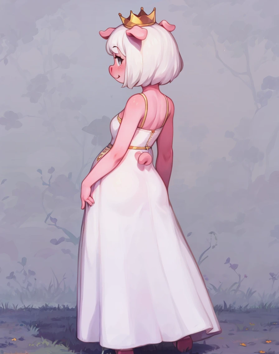 1 girl , fullbody , white dress , , crown , stand up , chubby ,Smile, 1 girl , (pig nose:1.1) , pig girl , white hair ,solo , tail , <lora:pig princess:0.7>ppig , From behind , sideways