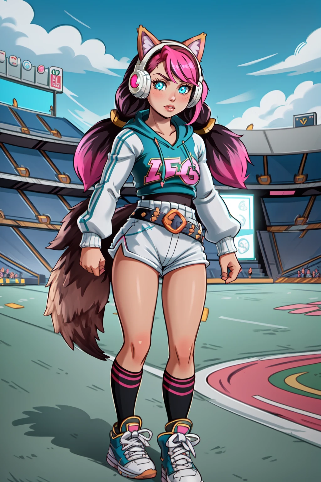 MaeveStreet, 1girl, solo, long hair, animal ear headphones, long sleeves, stripped sleeves, blue eyes, wolf tail, pink hair, looking at viewer, shorts, shoes, twintails, belt, socks,  hood, petite, black undershirt, fake animal ears, hoodie, headphones, sneakers, glowing eyes, two-tone hair, grey shorts, short shorts, (shorts rolled up),(running),
(football field, high school bleachers),  <lora:MaeveStreet:0.8>