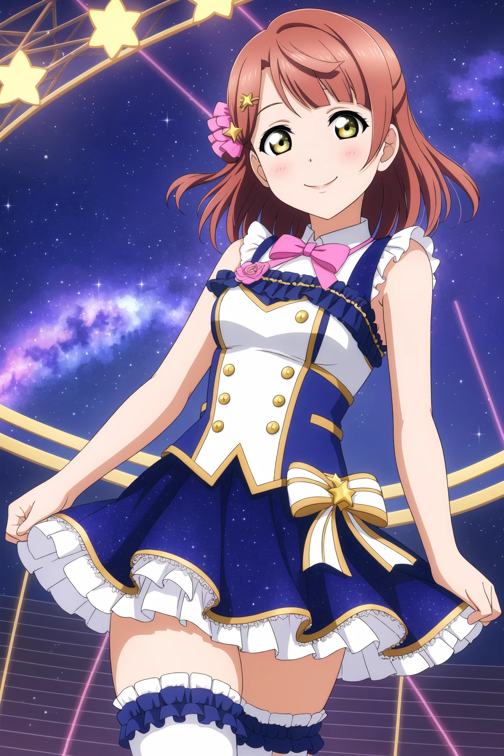 1girl, ayumu uehara, pink hair, hair ornament, yellow eyes, <lora:AyumuaUehara_Mistoon_Locon_CulturedDiffusion:0.6>,
starry sky, stage, idol, white thighhighs, frilled thighhighs,
smile, hand on own chest, spread armpit,
masterpiece, best quality, highres, absurdres