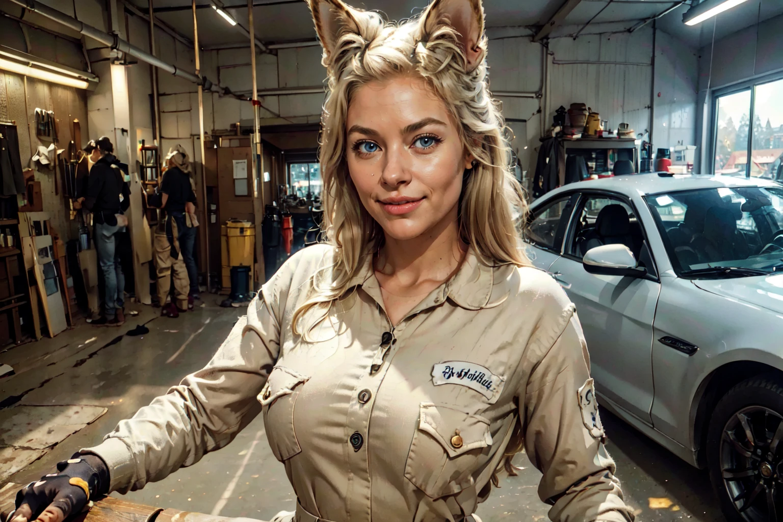 beautiful eyes, beautiful girl, high detail skin, high detail eyes, high detail hair, highres, ultra detailed, sharpen picture, Highly detailed, masterpiece, best quality, photorealistic,
<lora:BarfaLora:0.8> 1girl, blonde long hair, fingerless gloves, animal ear fluff, dog ears, overalls, name tag, in a car workshop, oil stains, holding wrench, smile