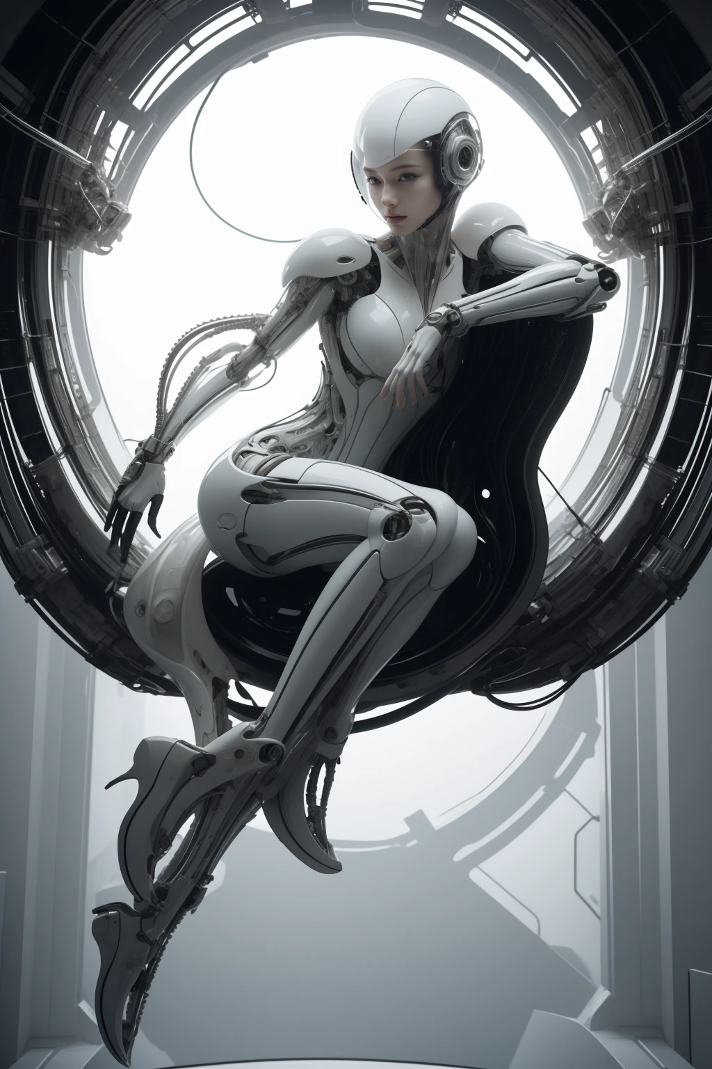 (masterpiece1.2),(best quality:1.2),(raw photo),ptp girl, solo,(upper body),jumping,robot woman by cybernetic ludum dare, (light smile:0.7),looks at viewer,face to viewer,in the style of sci-fi baroque, (transparent glass helmet), translucent thin tubes linked with helmet,dark white, 8k resolution, machine aesthetics, intricate detail, hyper-realistic sci-fi, futuristic organic,(high key lighting),the bodysuit composed of  various translucent mechanical parts, cyberpunk aesthetic. baroque xenomorph,dust in light,foggy,bokeh,kodak film,kodak portra 400,natural skin, true skin texture,<lora:baroque xenomorph-000008:0.5>,