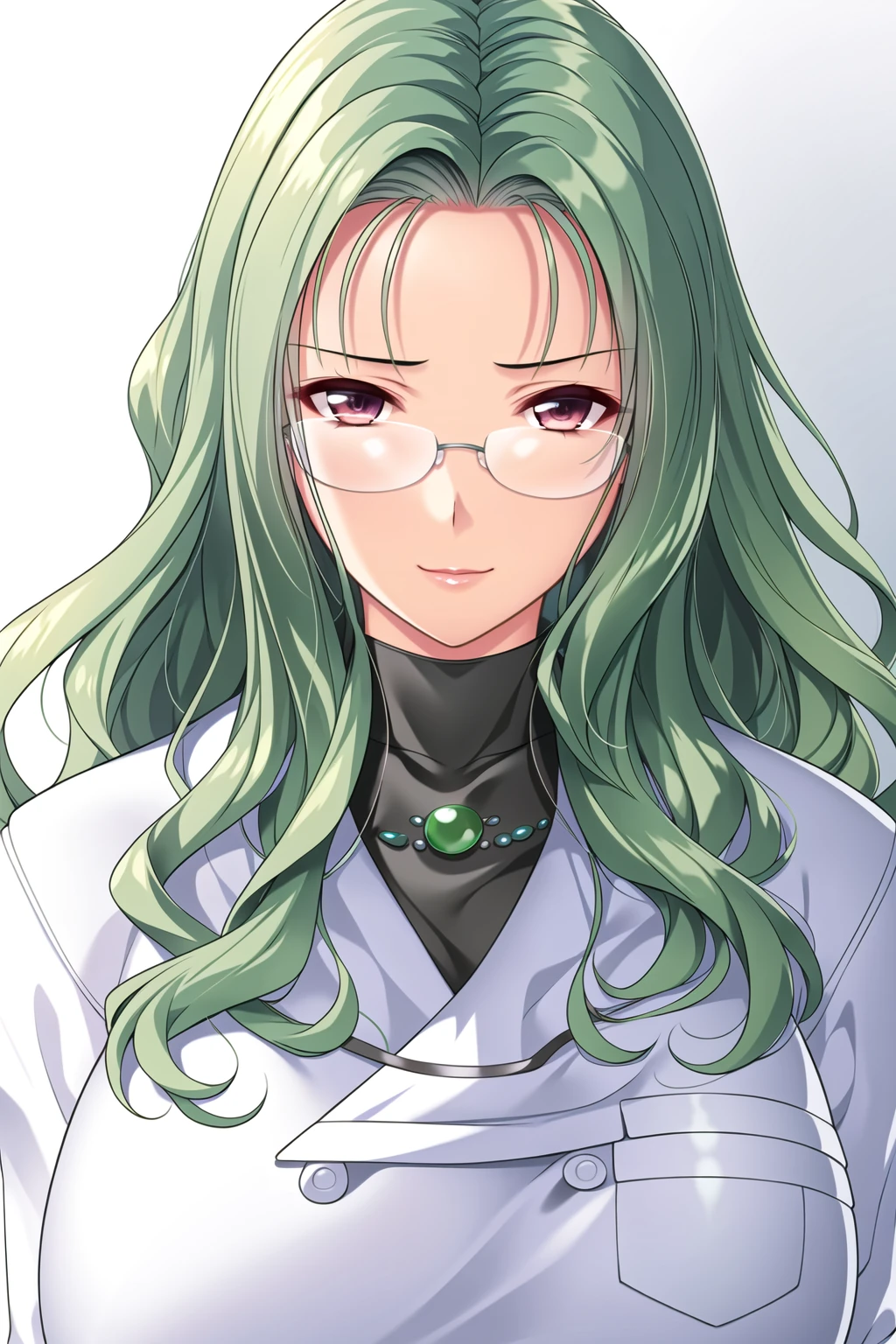 Simple White Background,
dynamic pose,standing at attention,
white coat ,black shirt,necklace, jewelry, gem,long sleeves,
<lora:Narumi_Jinguuji_Remake-KK77-V1:0.7>,Glasses,Doctor,
bangs, green hair, green eyes, wavy hair, long hair,
<lora:Oda_Non_Style-KK77-V2:0.3>,<lora:more_details:0.1>,
1 girl, 20yo,Young female,Beautiful long legs,Beautiful body,
Beautiful Nose,Beautiful character design, perfect eyes, perfect face,expressive eyes,perfect balance,
looking at viewer,(Focus on her face),closed mouth, (innocent_big_eyes:1.0),(Light_Smile:0.3),
official art,extremely detailed CG unity 8k wallpaper, perfect lighting,Colorful, Bright_Front_face_Lighting,White skin,
(masterpiece:1.0),(best_quality:1.0), ultra high res,4K,ultra-detailed,
photography, 8K, HDR, highres, absurdres:1.2, Kodak portra 400, film grain, blurry background, bokeh:1.2, lens flare, (vibrant_color:1.2),professional photograph,
(Beautiful,large_Breasts:1.4), (beautiful_face:1.5),(narrow_waist),