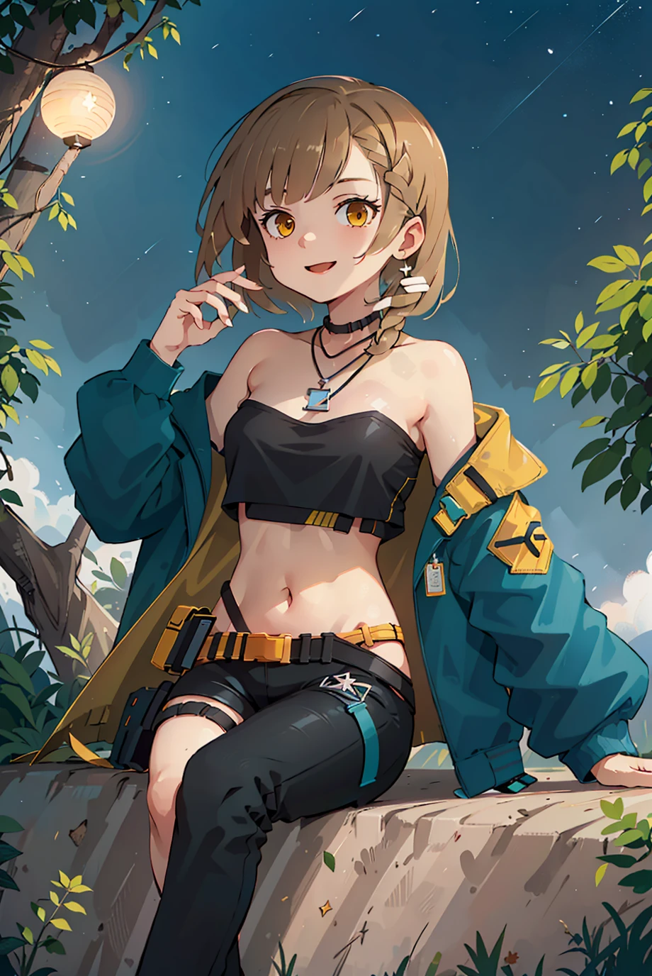 ((firewhistle \(arknights\), 1girl, solo)), bare shoulders, medium hair, yellow eyes, open clothes, dog tags, open jacket, blonde hair, hair ornament, flat chest, black crop top, pants, off shoulder, hairclip, strapless, blue jacket, dimly lit, high contrast, happy, light smile, starry sky, night, horizon, sitting, <lora:Firewhistle_Arknights:0.5>, <lora:add_detail:-1>, <lora:illustration_v2:0.8>, <lora:epi_noiseoffset2:1>
