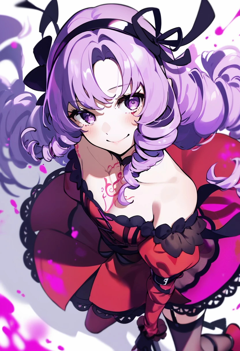 score_9, score_8_up, score_7_up, score_6_up, <lora:DPOXL:1> <lora:yoneyamaiXL_JS2_lokr_V12:1> 1girl, chainsaw, hyakumantenbara salome, solo, virtual youtuber, drill hair, long hair, dress, purple eyes, gloves, red dress, hairband, thighhighs, smile, blood splatter, purple hair, blood, bangs, from above, black gloves, tattoo, garter straps, bare shoulders, ribbon, holding, blush, looking at viewer, off shoulder, chest tattoo, hair ribbon, long sleeves
