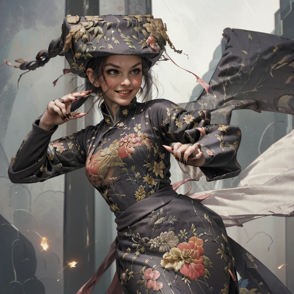 <lora:McQueen_Flower_Dress_SD15:1> a woman wearing a mcq_fl0w3r dress with a floral design and a hat (big breasts:0.7), slim waist, <lora:wuxia2:0.6> wuxia, holding open steel fan,fan weapon, holding weapon, weapon, dragon, dynamic angle, dynamic pose, action shot (visible hands, visible fingers, nail polish:1.3), (dynamic pose, dynamic angle, action pose, action shot, leaping:1.3), smiling, arms swinging
fFaceDetail