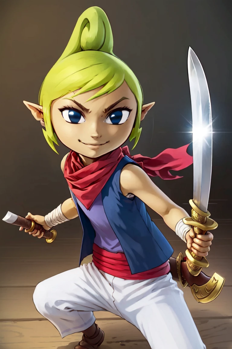 ((masterpiece,best quality)), anime style, <lora:Toon_Tetra_Zelda_v1:0.8>,  toon tetra, smile, blue eyes, weapon, green hair, sword, vest, neckerchief, gun, katana, sheath, sheathed, scabbard