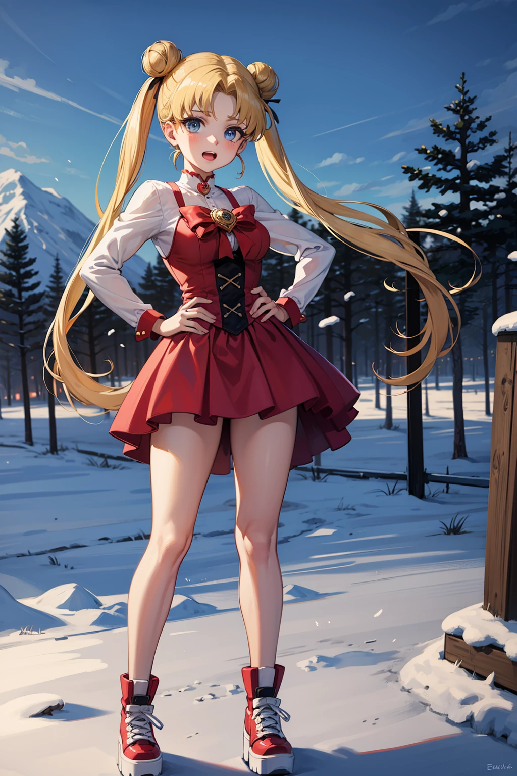 masterpiece, best quality, 1girl, solo, looking at viewer, <lora:EPsmSailorMoon-06:0.7>, EPsmSailorMoon, blonde hair, blue eyes, long hair, very long hair, twintails, hair bun, double bun
BREAK
rotational symmetry, snowy field, evening, pray hand on hip, butler costume, grille guard, platform sneakers, open mouth