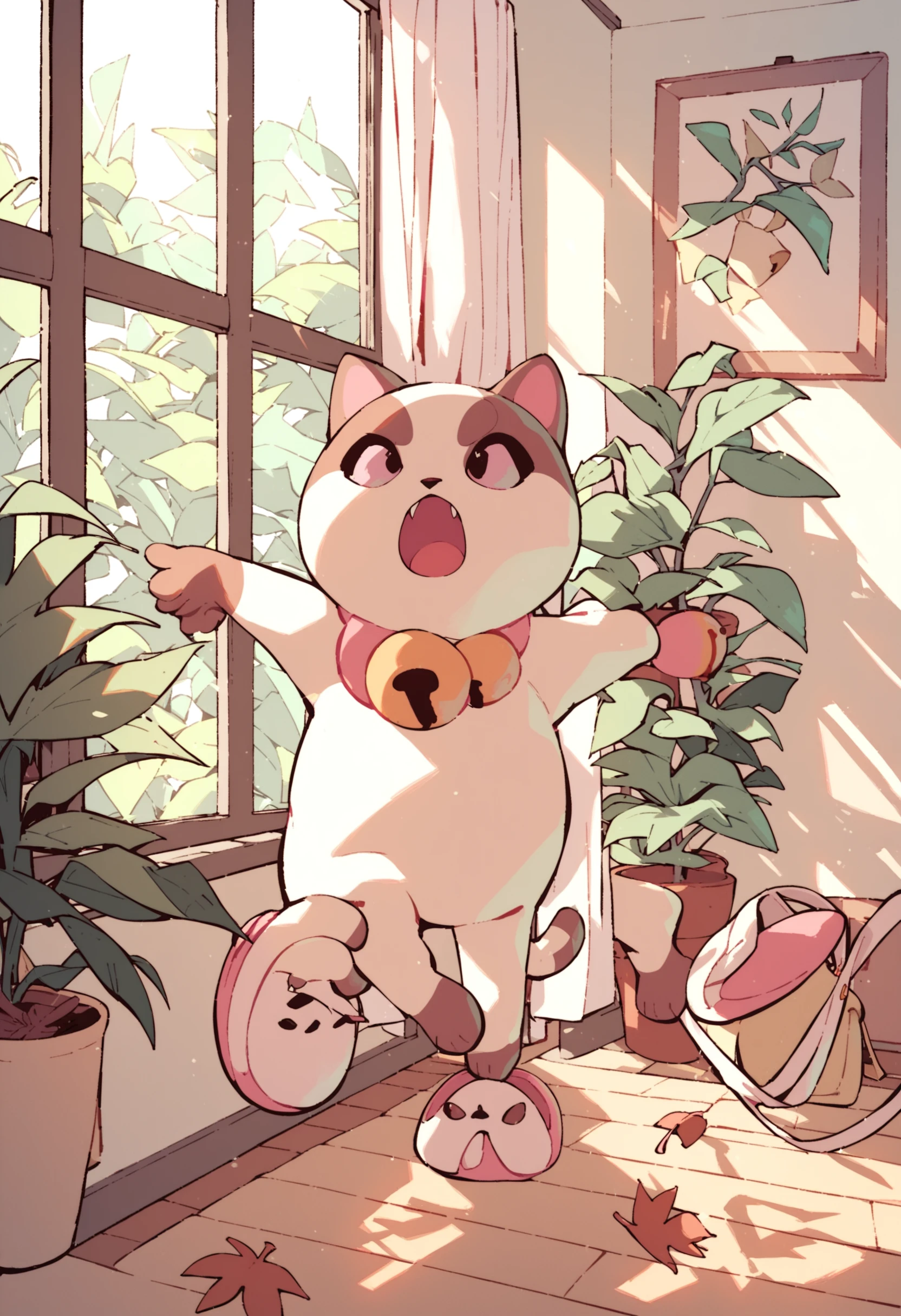 Puppycat, open mouth, standing, indoors, bag, window, bell, leaf, fangs, cat, outstretched arms, plant, curtains, neck bell, potted plant, slippers, animal focus, score_9_up, score_8_up, score_7_up, score_6_up, source_cartoon , <lora:puppycat_ponyxl:1>