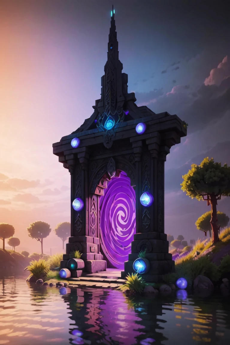 ((masterpiece,best quality)), anime style, <lora:Nether_Portal:0.8>, portal, stargate, gateway, purple glow, Nether Portal, sky, cloud, water, tree, reflection, purple sky