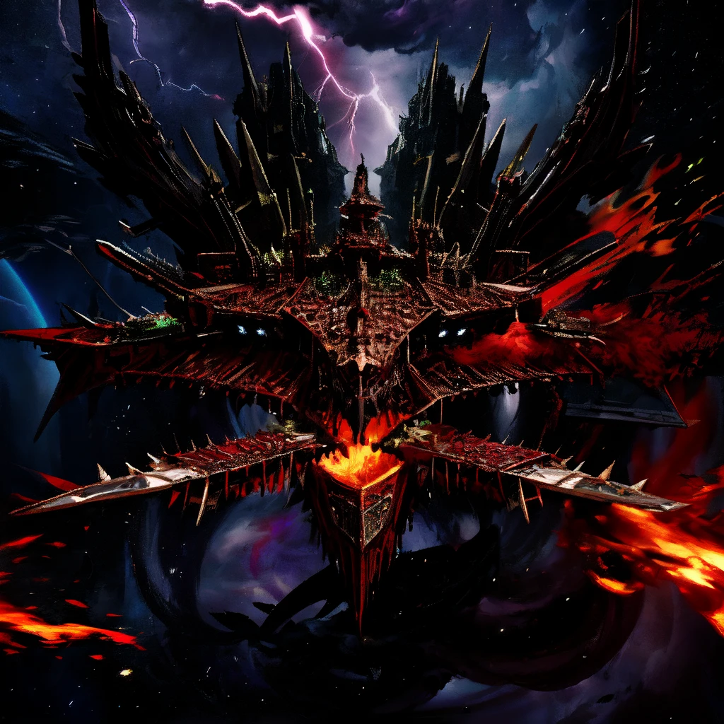 chaoswarfleet, in space, (red), spikes, demons, battle, exposions, fire, motion_blur, maelstrom, storm, green glow, lightning, no humans,